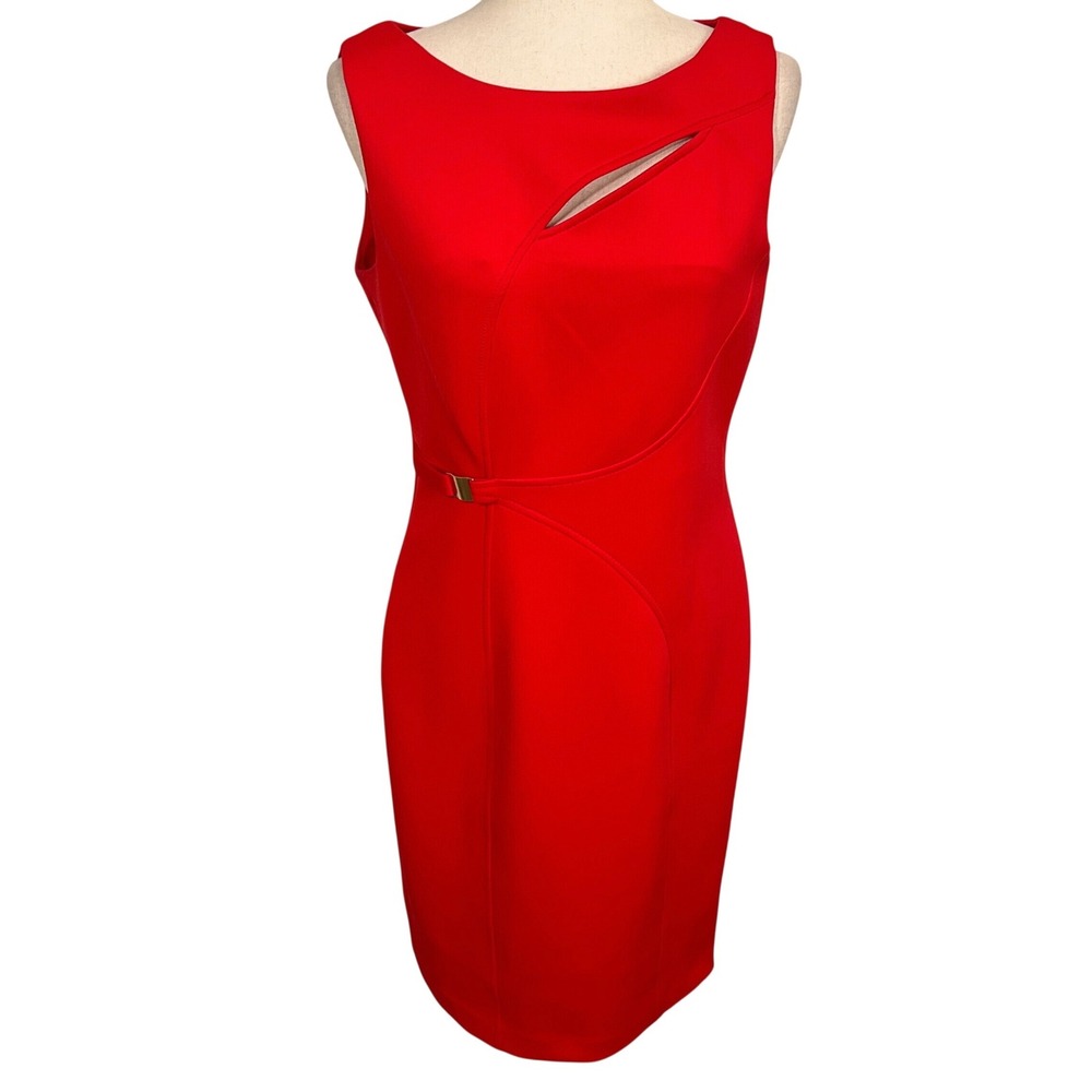 Calvin Klein Sheath Dress Womens 8 Red Orange Gold Cutout Scuba Sheath Holiday